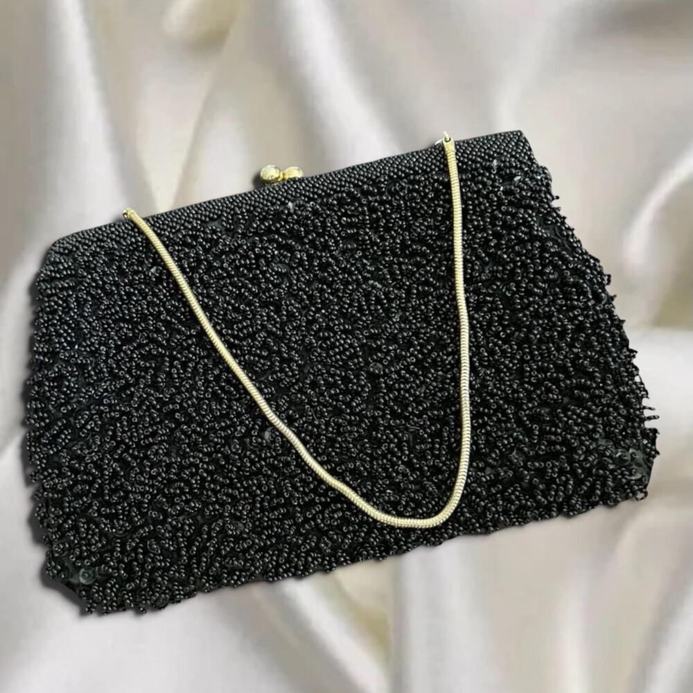 1950s-60s Goldie Black Beaded Evening Purse with Rhinestone Kiss Lock